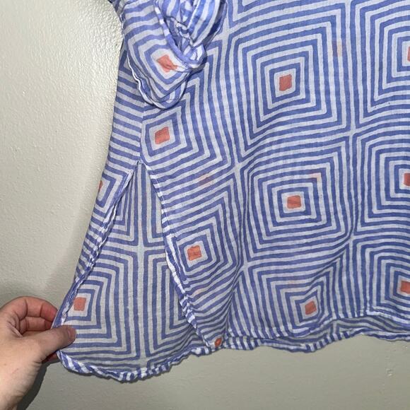 Oliphant Blue White Geometric Cotton Popover Tunic Top Roll Tab Sleeve Medium - Picture 3 of 6